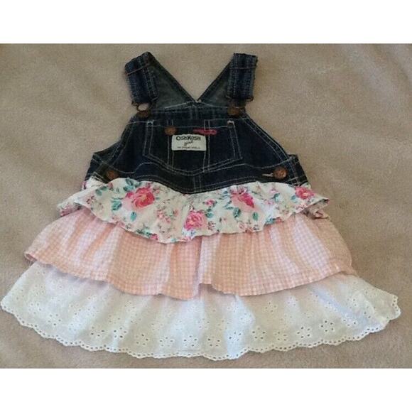 OshKosh Girls Denim Blue Jean Jumper Dress Overalls Layered Skirt 18mths Vestbak - Picture 1 of 6